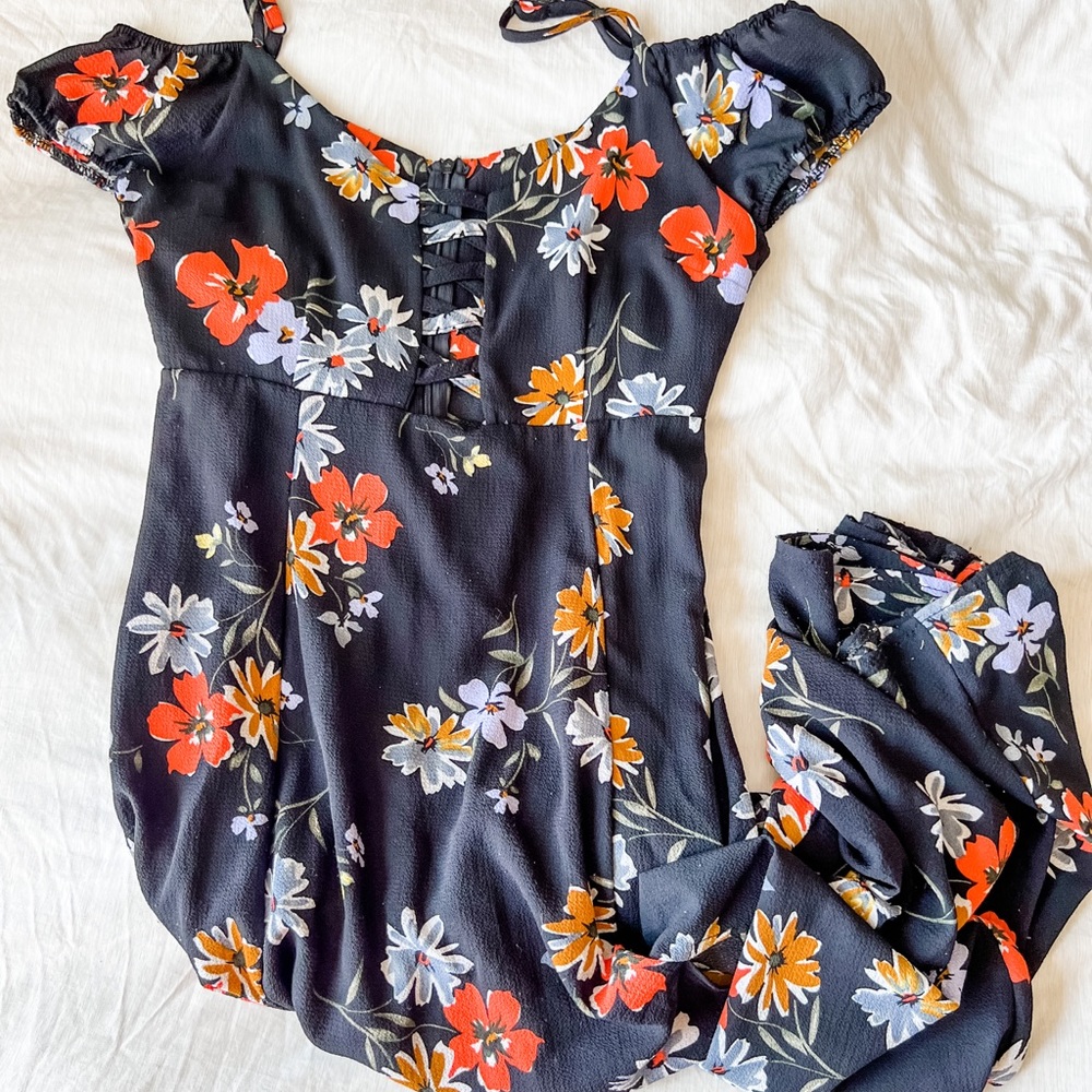 Women's Black Floral Maxi Dress with Red & Orange Blooms